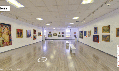Prikaz virtuelne ture Moderne galerije u Lazarevcu, dostupan na srpskom i engleskom jeziku, optimizovan za mobilne i desktop uređaje